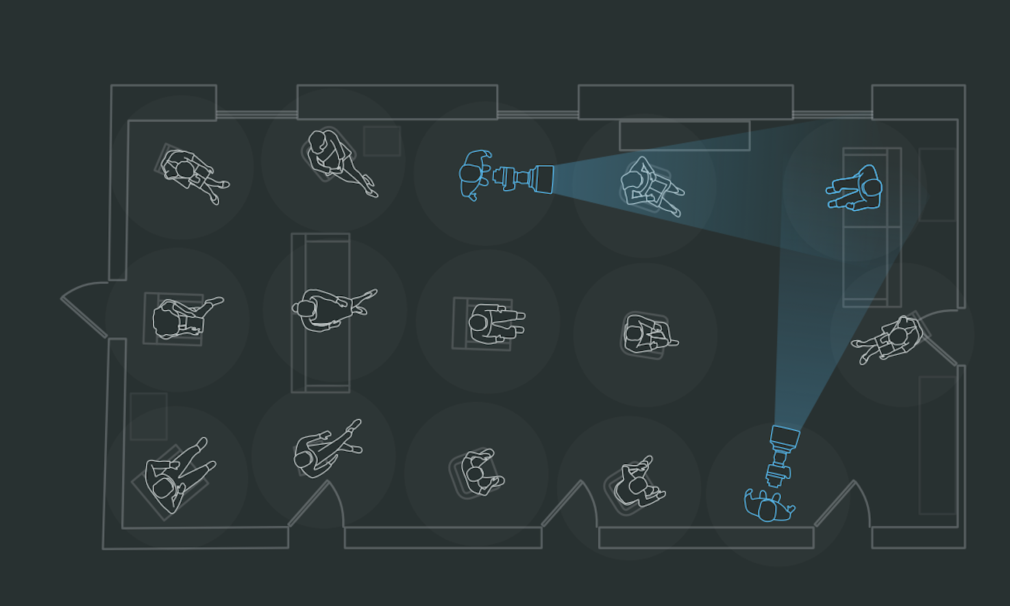  Esquema del rodaje y retransmisión de cursos en la sala grande del Instituto Tramontana, respetando distancias de seguridad. 